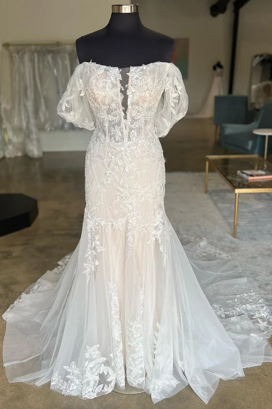 Ivory Appliques Off-the-Shoulder Trumpet Long Wedding Dress