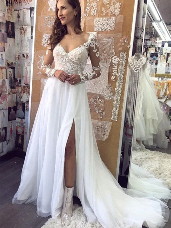 Long Sleeves Lace Wedding Dresses, Side Slit Wedding Dresses, Elegant 2021 Wedding Dresses