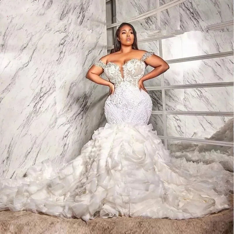 Luxury Mermaid Wedding Dress with Ruffle Train South Africa Lace Appliques Crystals Beaded Plus Size Bridal Gowns Custom Made