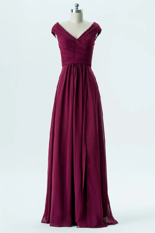 Magenta Chiffon Cap Sleeve Backless Bridesmaid Dress