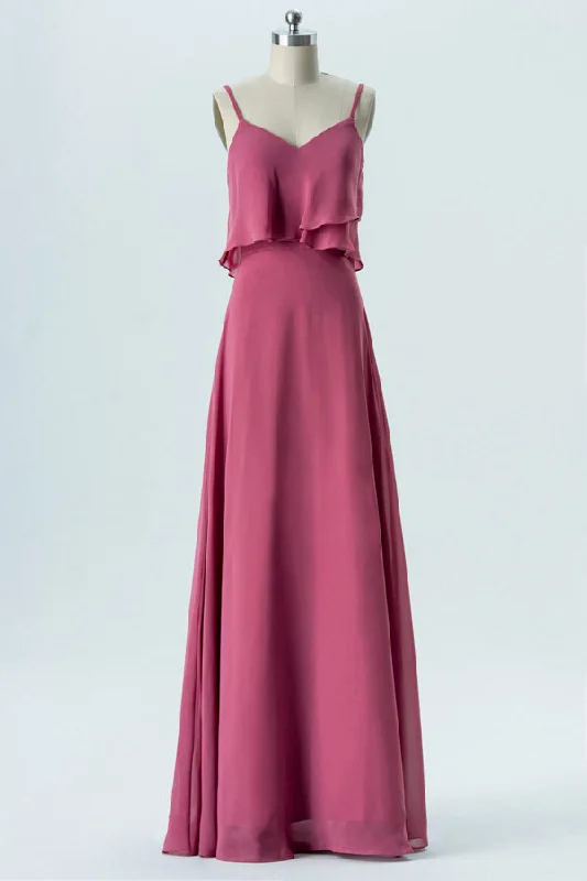 Magenta Chiffon Straps Ruffled Bridesmaid Dress