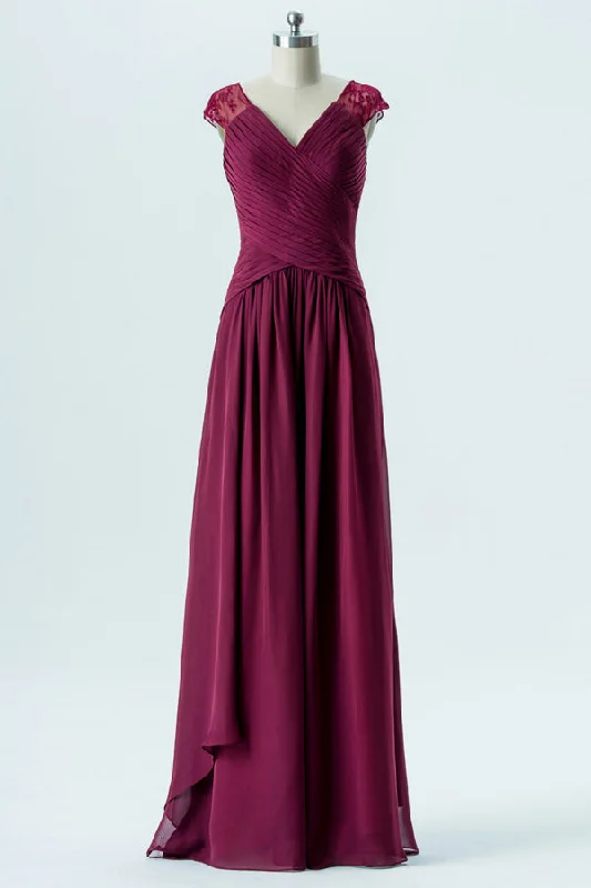 Magenta V-Neck Cap Sleeves Long Bridesmaid Dress