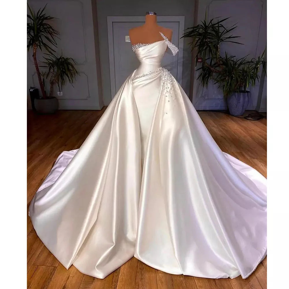 Msikoods Satin Church Wedding Dresses Elegant Vintage One Shoulder Beads Wedding Bride Dresses White A Line Arabic Wedding Gowns