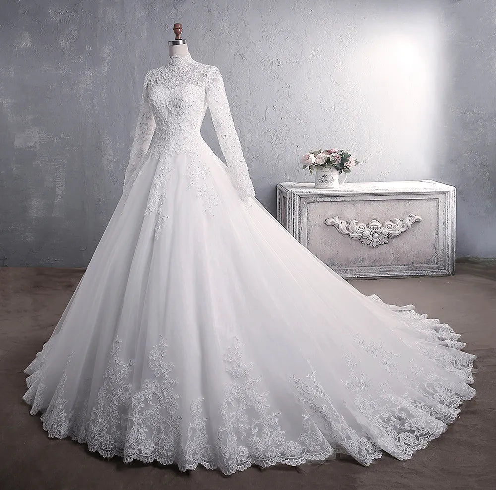 Muslim Wedding Dress  Elegant High Neck With Train Princess Bride Dress Luxury Lace Embroidery Wedding Gown Vestido De Noiva