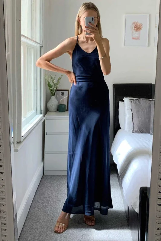 Navy Blue Chiffon V-Neck Backless Long Bridesmaid Dress