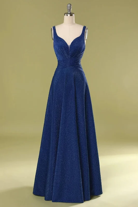 Navy Blue V-Neck Straps Gathered Long Bridesmaid Dress