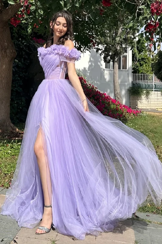 Off Shoulder Lilac Bridal Gowns, A-line Tulle Popular Newest Long Prom Dresses, Appliques Wedding Dresses