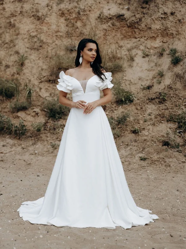 Off Shoulder Ruffled Ivory Satin Wedding Dresses, A-line Wedding Dresses, Affordable Wedding Dresses