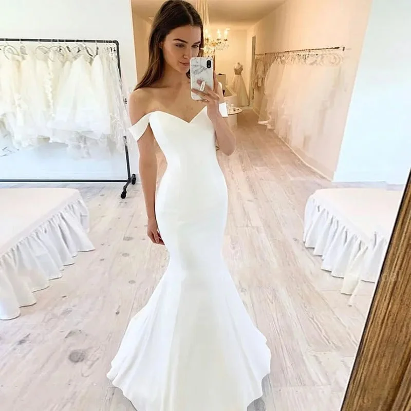 Off The Shoulder Soft Satin Mermaid Wedding Dresses For Women  Bride Gown Vestido De Novia Simple Suknia Ślubna Robe Mariage