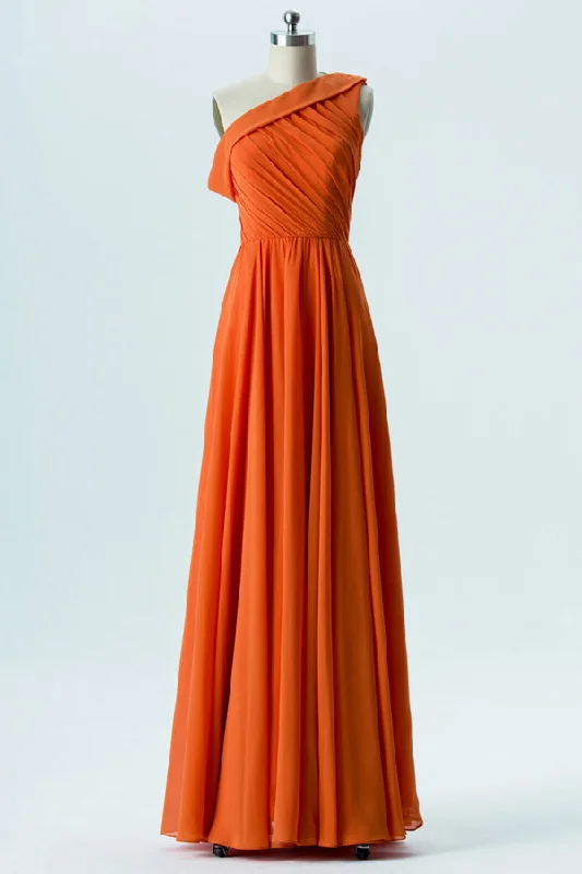 Orange Chiffon One-Shoulder Bridesmaid Dress