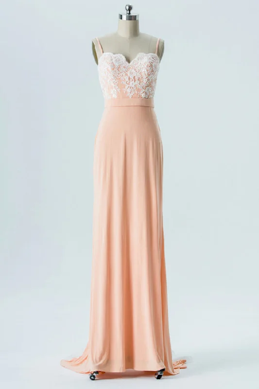 Peach Chiffon Straps Bridesmaid Dress with Sweeping Train