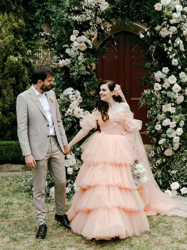 Peach Off Shoulder Tulle Wedding Dresses, Cake Wedding Dresses, Puffy New Wedding Dresses, Bridal Gown