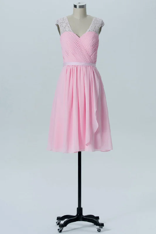 Pink Chiffon Lace Straps Backless Short Bridesmaid Dress