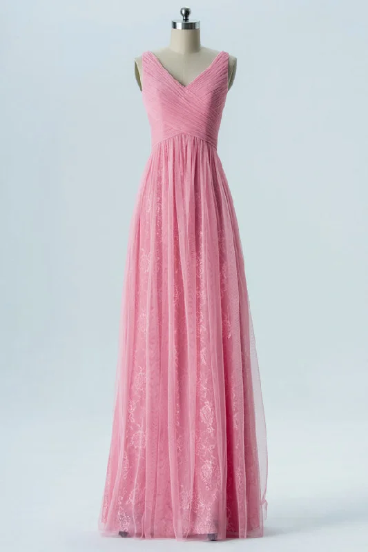 Pink V-Neck Embroideried Double Straps Bridesmaid Dress