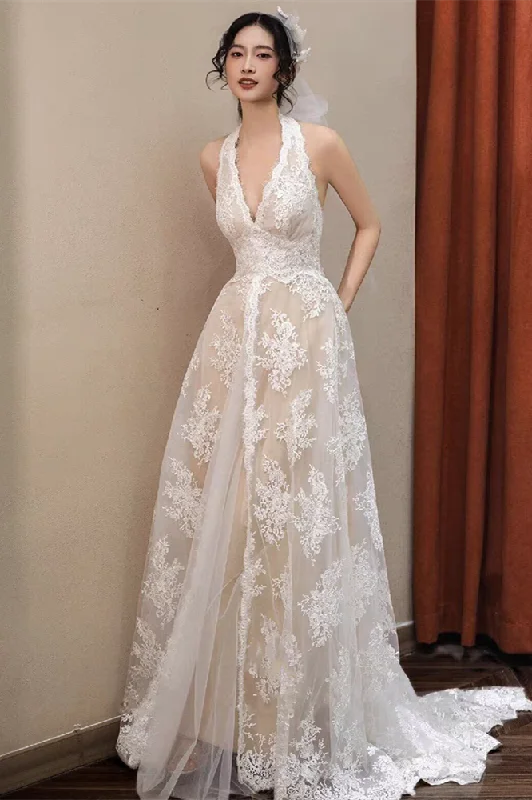 Plunge A-line Lace Wedding Dresses, Halter Classic Wedding Gown, Bridal Gown, Newest Wedding Dresses