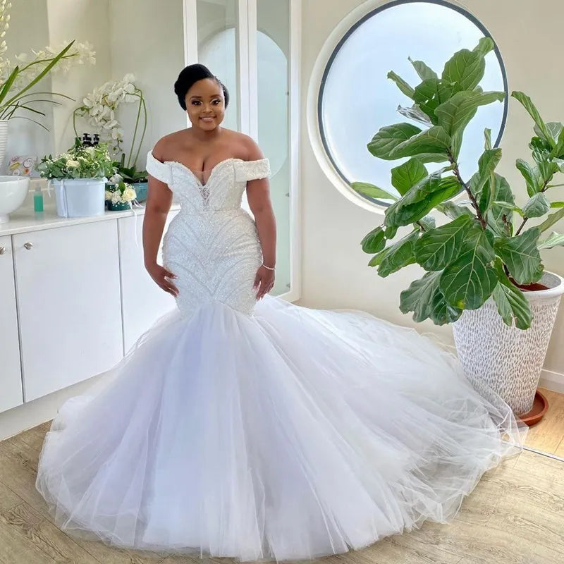 Plus Size Beaded Tulle Mermaid Wedding Dresses Off The Shoulder Lace Appliques Africa Bridal Dress Aso Ebi Wedding Gowns