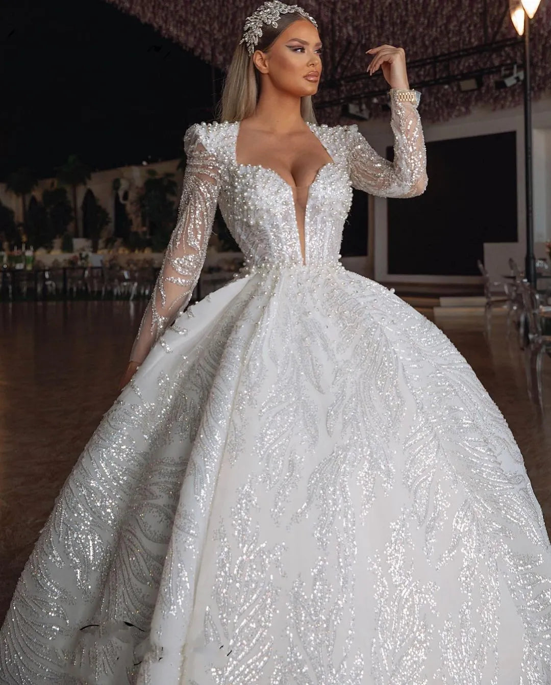 Princess Wedding Dresses For Women Long Sleeves Pearls Sequins Dubai Bridal Gowns Luxury Arabic Chapel Vestidos De Novia