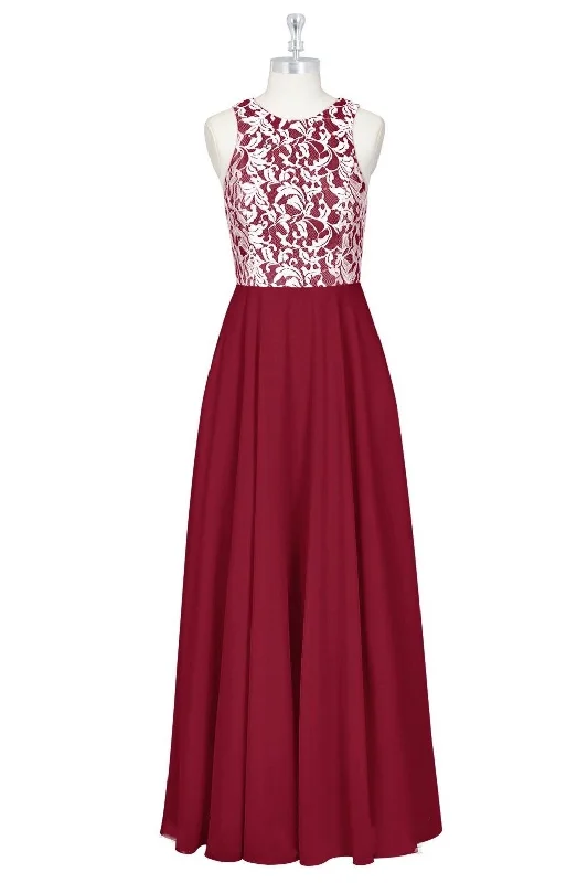 Red Print Crew Neck Sleeveless A-Line Long Bridesmaid Dress