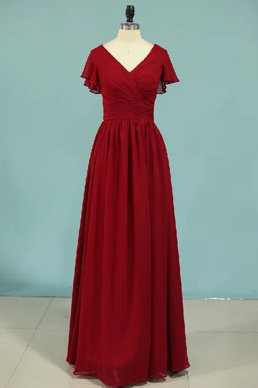 Red V-Neck Ruffled A-Line Long Bridesmaid Dress