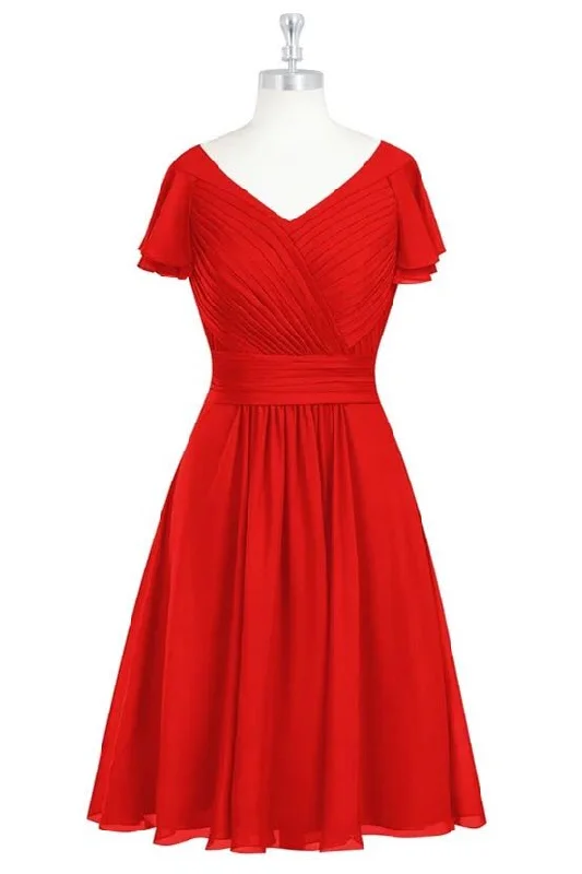 Red V-Neck Ruffled A-Line Short Bridesmaid Dress