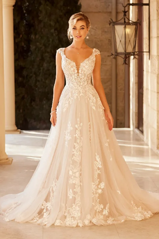 Elegant Wedding Dress For Women V-Neck Cap Sleeve Lace Appliques Vestido De Noiva With Button Sweep Train Custom Made