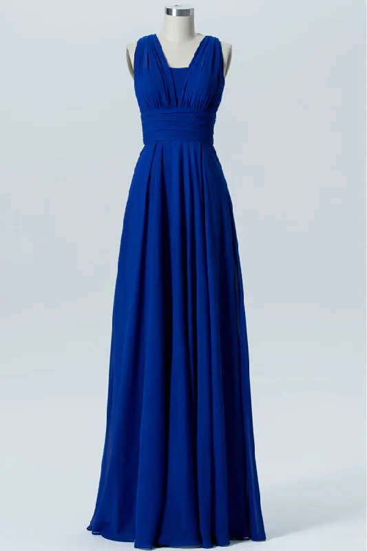 Royal Blue Chiffon Tying Back Banded Waist Bridesmaid Dress