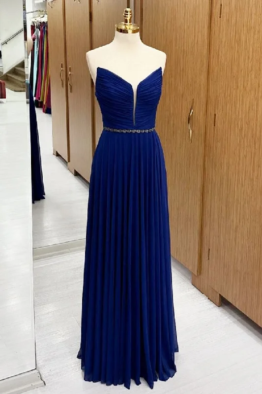 Royal Blue Strapless Chiffon Wedding Guest Dress with Beaded Sash