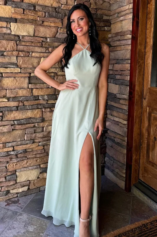 Sage Halter Chiffon Wedding Guest Dress with Slit