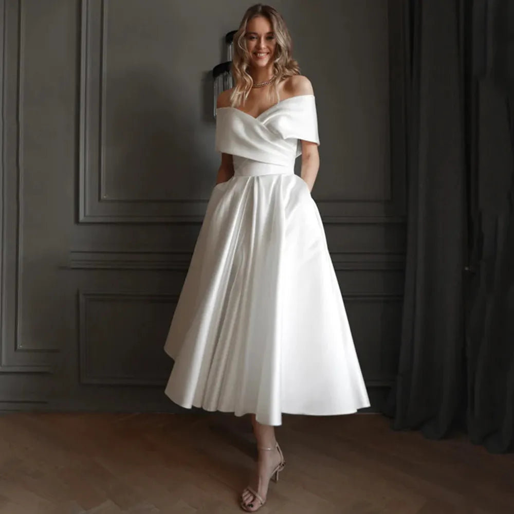 Satin Off the Shoulder Wedding Dress Pleat A-Line Mid-Calf Bridal Lace Up Dresses with Pocket Sexy Back Civil Bride Custom Gown