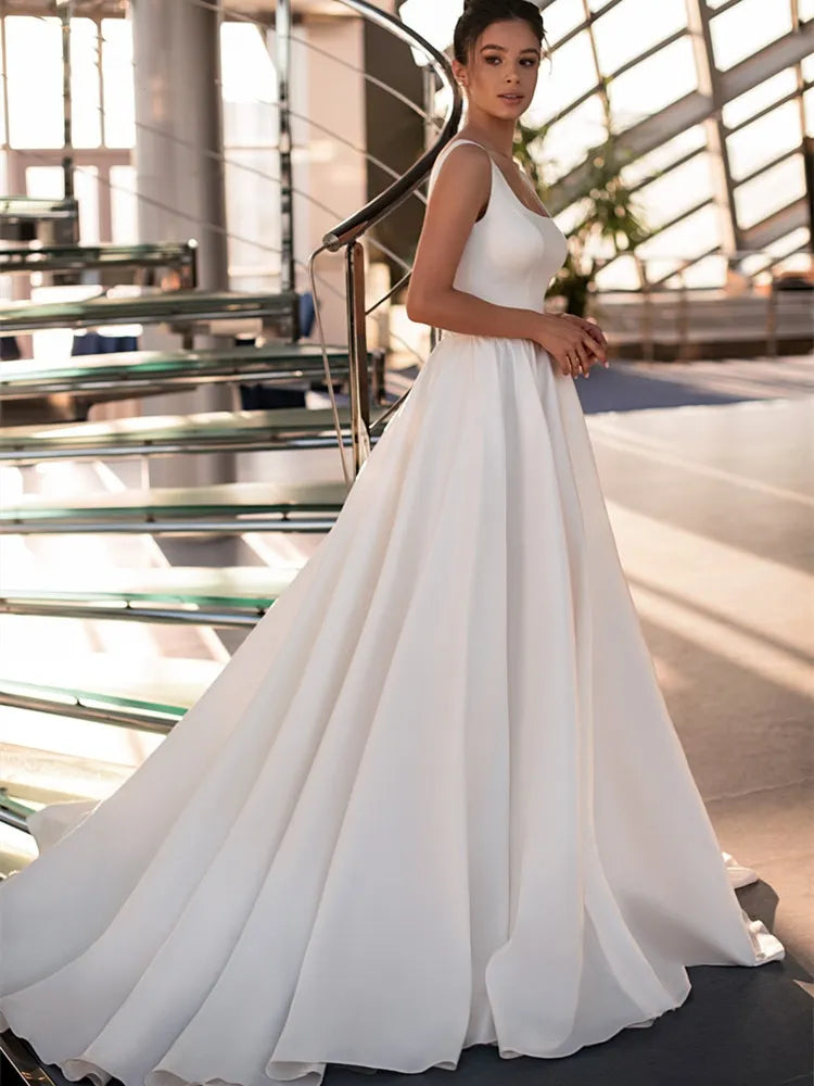 Simple Modern Wedding Dresses Satin Square-Collar Bride Gowns Floor-Length Sleeveless Robe Backless Sexy Vestidos De Novia