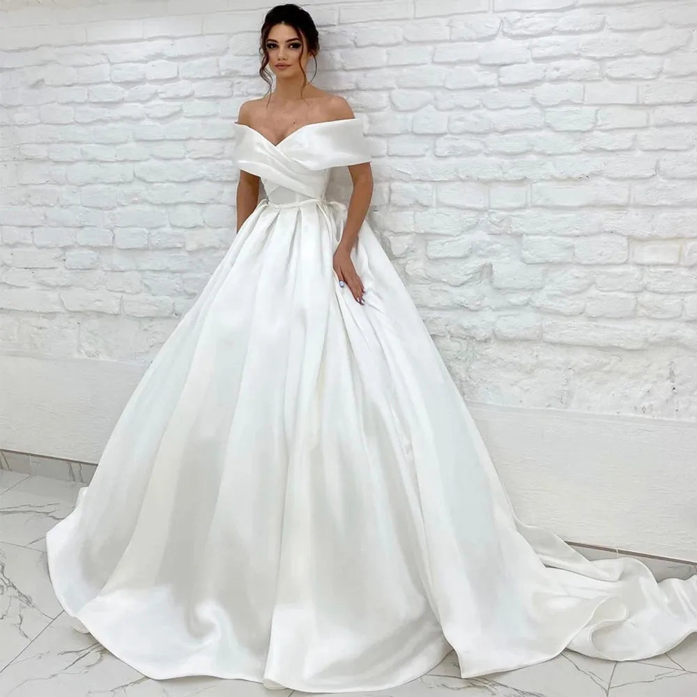 Simple Satin Wedding Dresses With Belt Cap Sleeves V neck Zipper Back Court Train Formal Bridal Gowns Vestido De Noiva Robe