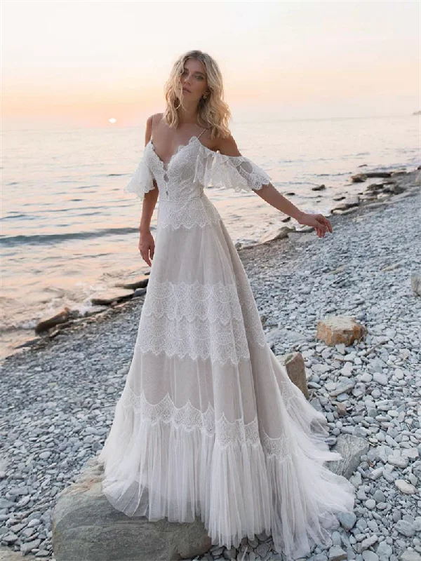 Spaghetti Long A-line Lace Wedding Dresses, Beach Wedding Dresses, Popular Wedding Dresses