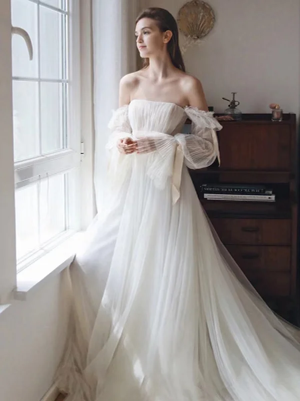 Tulle A-line Wedding Dresses, Long Sleeves Popular Wedding Gowns, Elegant 2022 Bridal Gowns