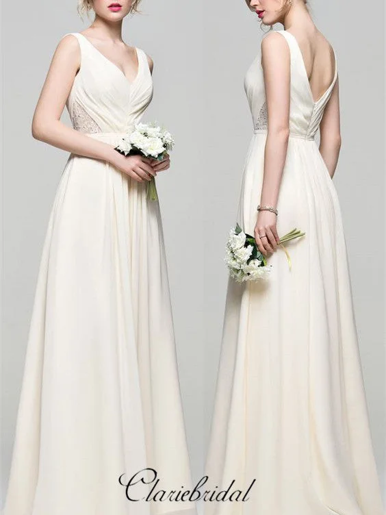 V-neck Long A-line Ivory Chiffon Lace Bridesmaid Dresses