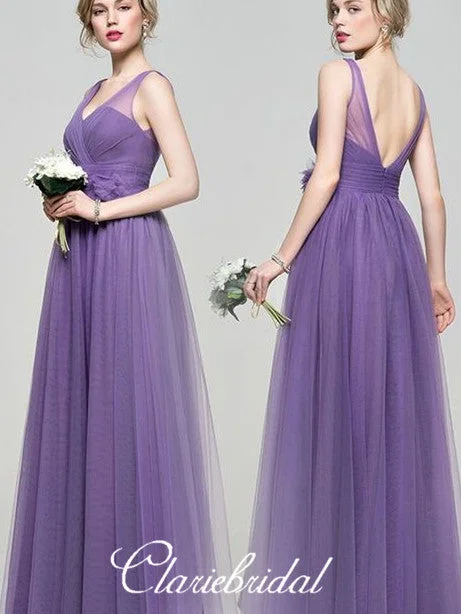 V-neck Purple Tulle A-line Long Bridesmaid Dresses