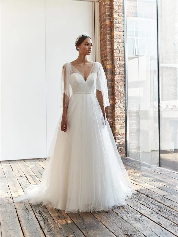 V-neck Simple Tulle Wedding Dresses, Elegant A-line Wedding Dresses, Bridal Gown, 2023 Wedding Dresses