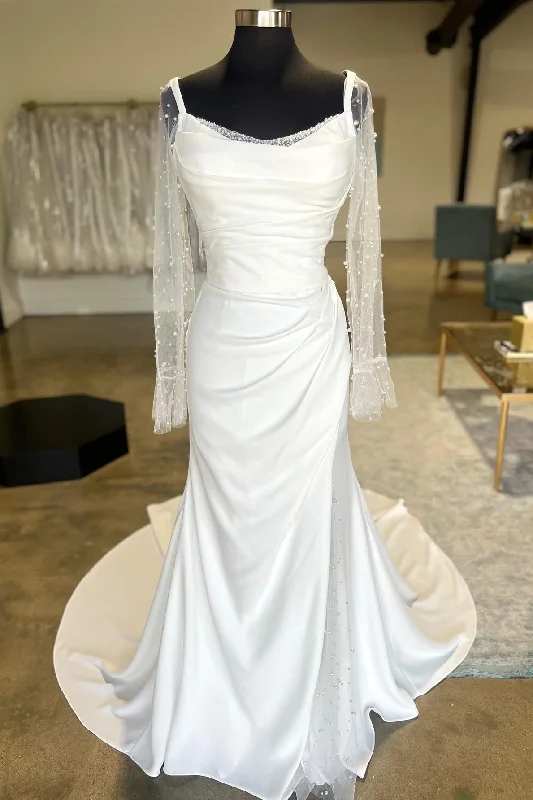 White Backless Ruched Wedding Dress with Detachable Sleeves