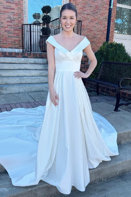 White Portrait High-Waist A-Line Long Wedding Dress