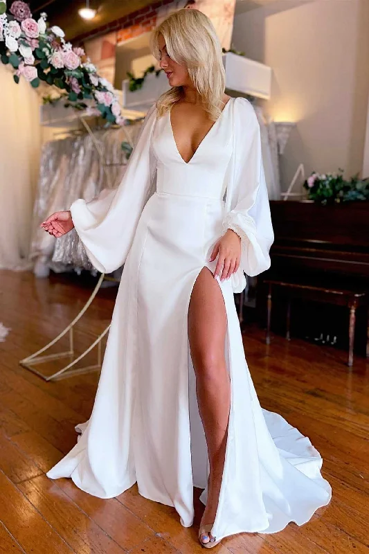 White V-Neck Long Sleeve Backless Long Wedding Dress with Slit